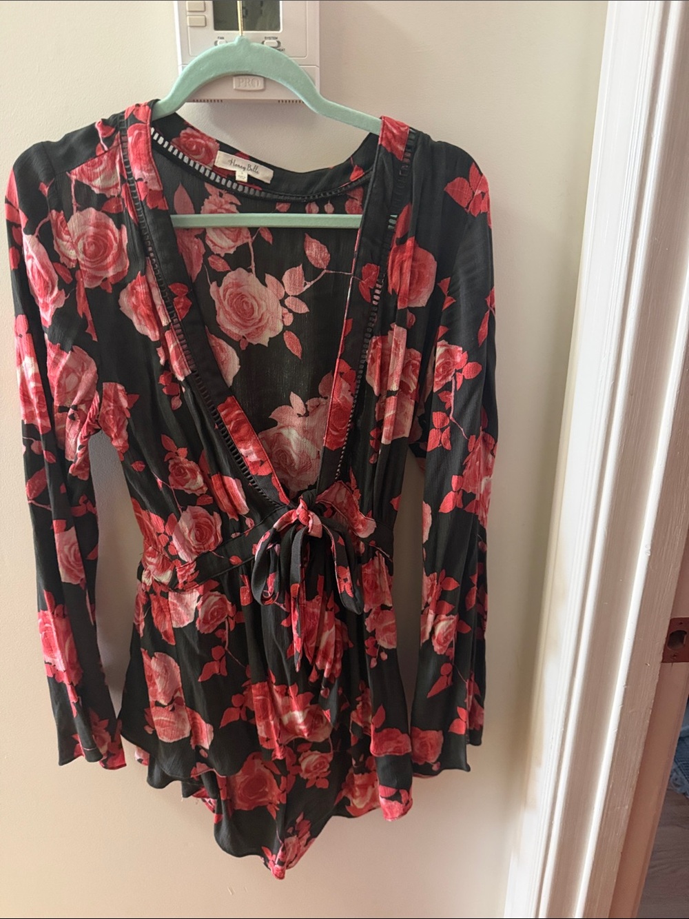 Honey Belle Black Romper with Pink Rose Print